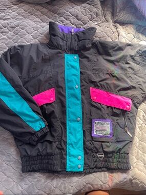 S Vintage Tyrolia by Head Black Purple Blue Turquoise Pink 90 Ski Bomber Jacket